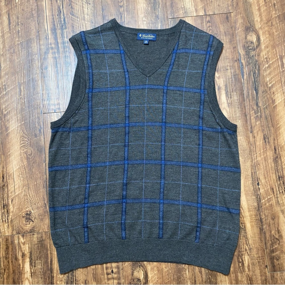 Brooks Brothers Grey 100% Fine Merino Wool Plaid‎ Mens Vest XL